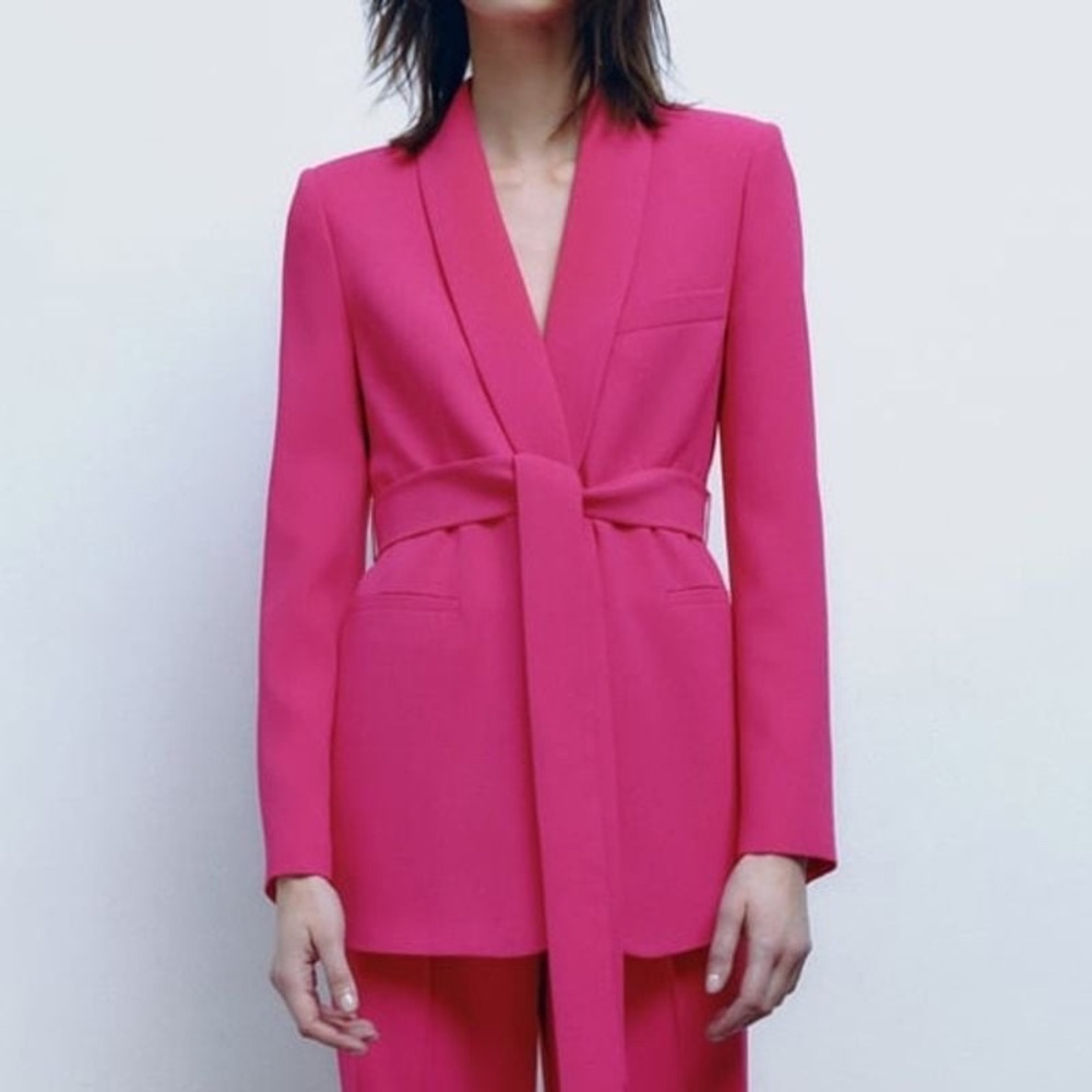 Zara, Women’s Belted Tuxedo Collar Blazer, Neon Fuchsia, size M